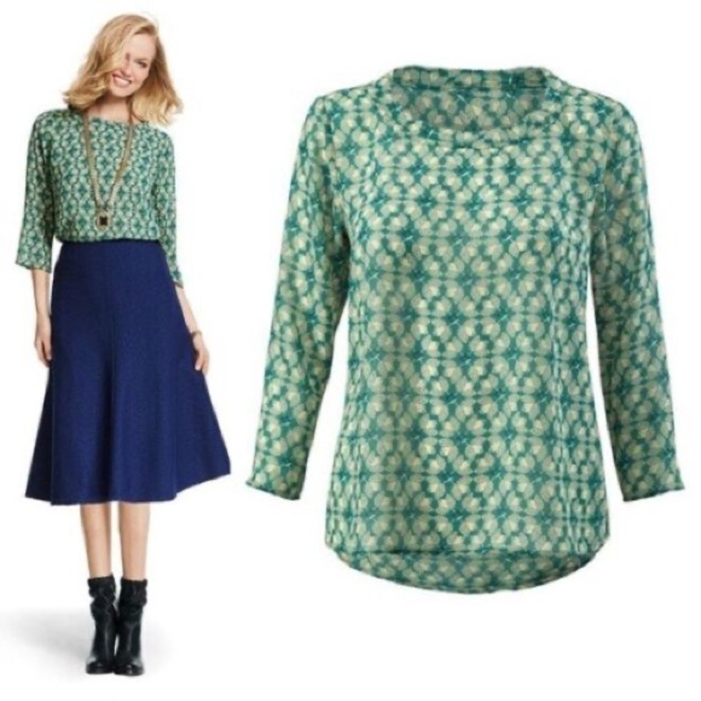 Cabi Womens Teal Leaf Print Long Sleeve Tunic Top Blouse M